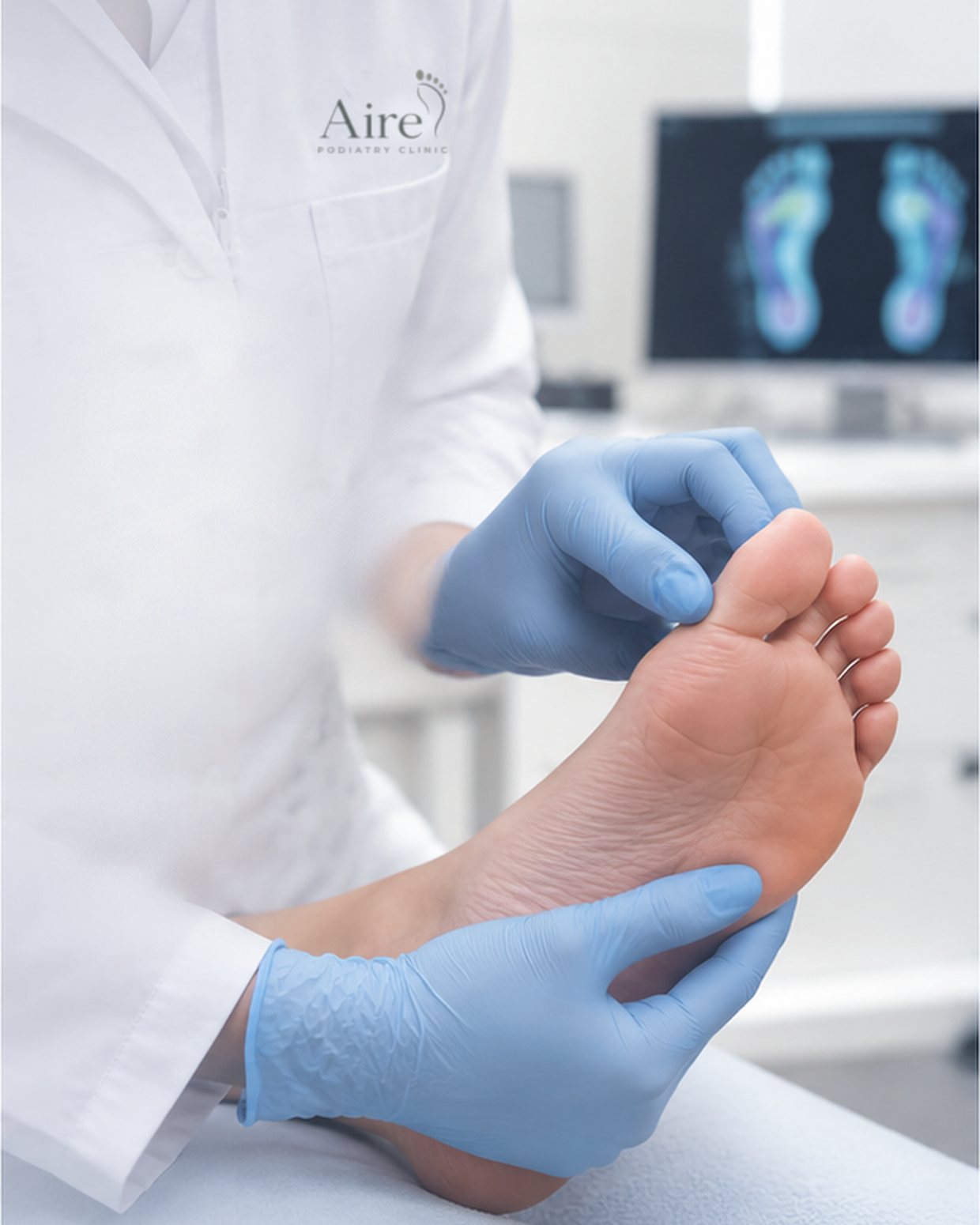 Aire Podiatry Clinic podiatrist in uniform and gloves carefully examining a patient's foot