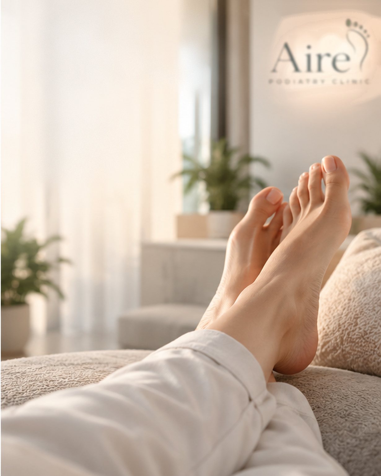 Relaxed, healthy feet resting on a sofa at home in a bright, calm living room